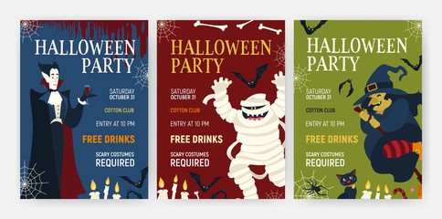 Wall Mural - Bundle holiday flyer or poster templates with Halloween characters - vampire drinking blood, mummy, witch and cat. Vector illustration for party announcement, holiday event advertisement or promo.