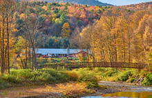 Autumn Landscape With Farm With Barn At Sunny Day In Vermont, USA