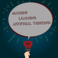 Conceptual hand writing showing Machine Learning Artificial Thinking. Business photo text Elearning online education chat bot Oval Speech Bubble Above a Broken Bulb with Failed Idea icon