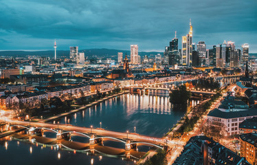 Wall Mural - High resolution aerial panoramic view of Frankfurt, Germany after sunset.