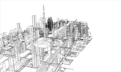 Outline city concept. Wire-frame style