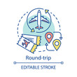 Round-trip concept icon. Return ticket idea thin line illustration. Travelling by plane, airplane trip. Aircraft flight route, path. Airline transfer. Vector isolated outline drawing. Editable stroke
