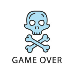 Wall Mural - Game over color icon. Virtual video game level end, finish, failure. Skull with crossbones. Esports, cybersports sign. Computer game fail, loser. Cybersport. Isolated vector illustration