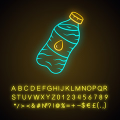 Sticker - Mineral water neon light icon. Clean potable drinking water. Plastic bottle with label. Non-alcoholic refreshment drink. Glowing sign with alphabet, numbers and symbols. Vector isolated illustration