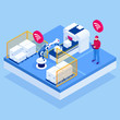 © Golden Sikorka - Isometric iot smart industry 4.0 with development production packaging and delivery steps. Automation robotic arm working in operation machine zone in factory.