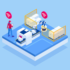 Isometric iot smart industry 4.0 with development production packaging and delivery steps. Automation robotic arm working in operation machine zone in factory.