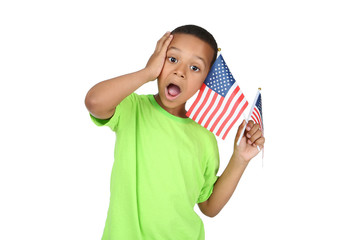 Wall Mural - Cute boy with american flag on white background