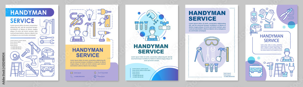 Handyman service brochure template layout. Home repair. House maintenance. Flyer, booklet, leaflet print design with linear illustrations. Vector page layouts for annual reports, advertising posters - obrazy, fototapety, plakaty 