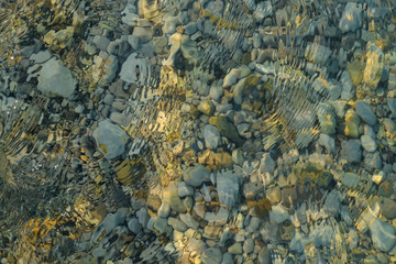 Wall Mural - Blurred natural background. Pebbles through the clear sea water.