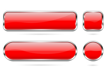 Wall Mural - red glass buttons. set of 3d shiny icons with chrome frame