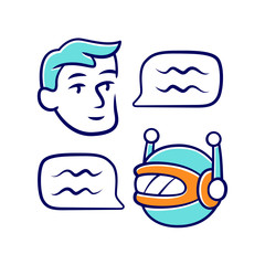 Poster - Chatbot color icon. Online customer support robot. Help service. Man chatting with bot application. Virtual assistant. Network communication. Artificial intelligence. Isolated vector illustration