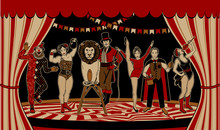 Circus Vintage Collection. The Lion Tamer, The Clown, The Circus Strong Woman, The Circus Magician, The Circus Fire Eater, The Gymnast Girl. Vector Illustration.