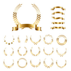 Wall Mural - golden laurel wreaths and ribbons set on white background. set of foliate award wreath for champions