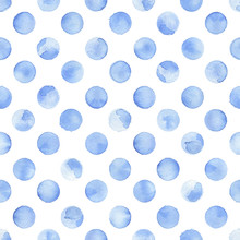 Cute Watercolor Seamless Pattern. Blue Circles On A White Background Drawn By Paint On Paper. Print For Textiles, Scrapbooking, Wallpaper, Wrappers. Vector Illustration.
