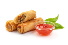 Fried Chinese Traditional Spring Rolls With Sweet Chili Sauce, Isolated On White Background