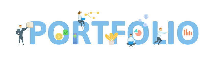 PORTFOLIO. Concept with people, letters and icons. Colored flat vector illustration. Isolated on white background.