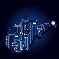 contour map of west virginia with a technological electronics circuit. usa state. blue background.