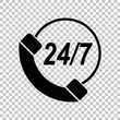 Support 24 hours sign. Black icon on transparent background. Illustration.