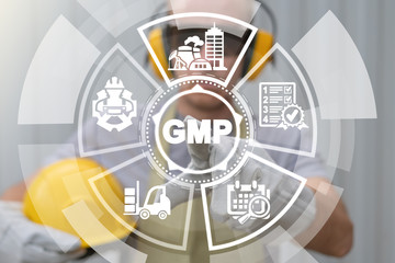 GMP Good Manufacturing Practice concept. Industrial Practices Quality Assurance Education. Trainee uses on virtual screen of future and touches abbreviation: GMP.