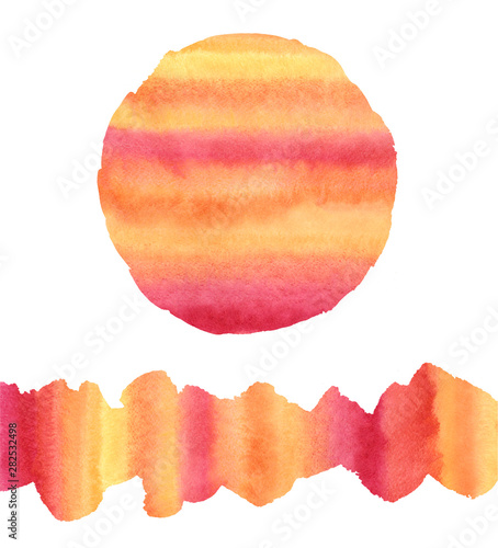 Bright watercolor hand drawn uneven brush stroke, banner and circle. Yellow, ...
