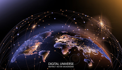 vector. planet earth from space. flickering lights of cities. map of the mainland. global communicat