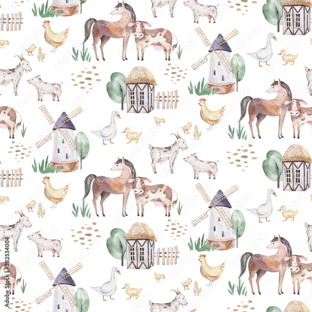 Watercolor seamless pattern with cute farm animals with goat, horse ...