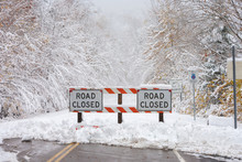 Snow Covered Road And Trees With A "Road Closed" Sign, Rt. 108, Stowe, Vermont, USA