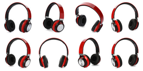 Set of modern headphones on white background