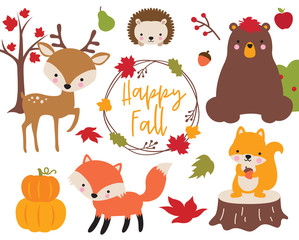 Poster - Cute vector illustration of Fall or Autumn woodland animals including bear, deer, fox, hedgehog, and squirrel.