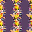 Tropical seamless pattern with bright parrots, banana palm leafs and hibiscus flower. Floral texture.
