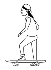 Poster - Young woman on skateboard cartoon in black and white