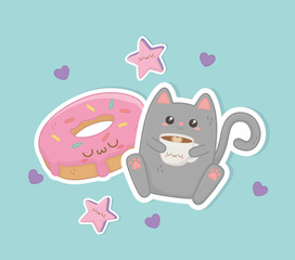 Wall Mural - cute cat with coffee and donut kawaii character