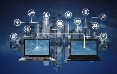 Internet network, cloud computing and blockchain technology concepts. Computer laptop sharing and connection together