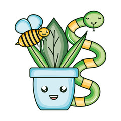 Poster - house plant in ceramic pot with snake and bee kawaii style