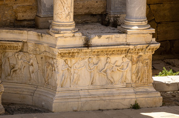 Wall Mural - Detail of stage building from Hierapolis Ancient City Theater. Pamukkale, Denizli, Turkey. Relief and statue detail.