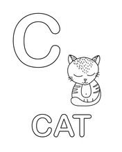 Cute Cat Icon With English Alphabet Letter C In Outline Style.