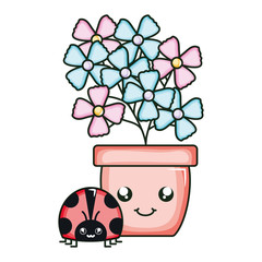 Poster - garden flowers plant in pot with ladybug kawaii style