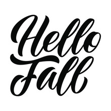 Hello Fall Hand Lettering, Custom Calligraphy Isolated On White Background. Type Vector Illustration.