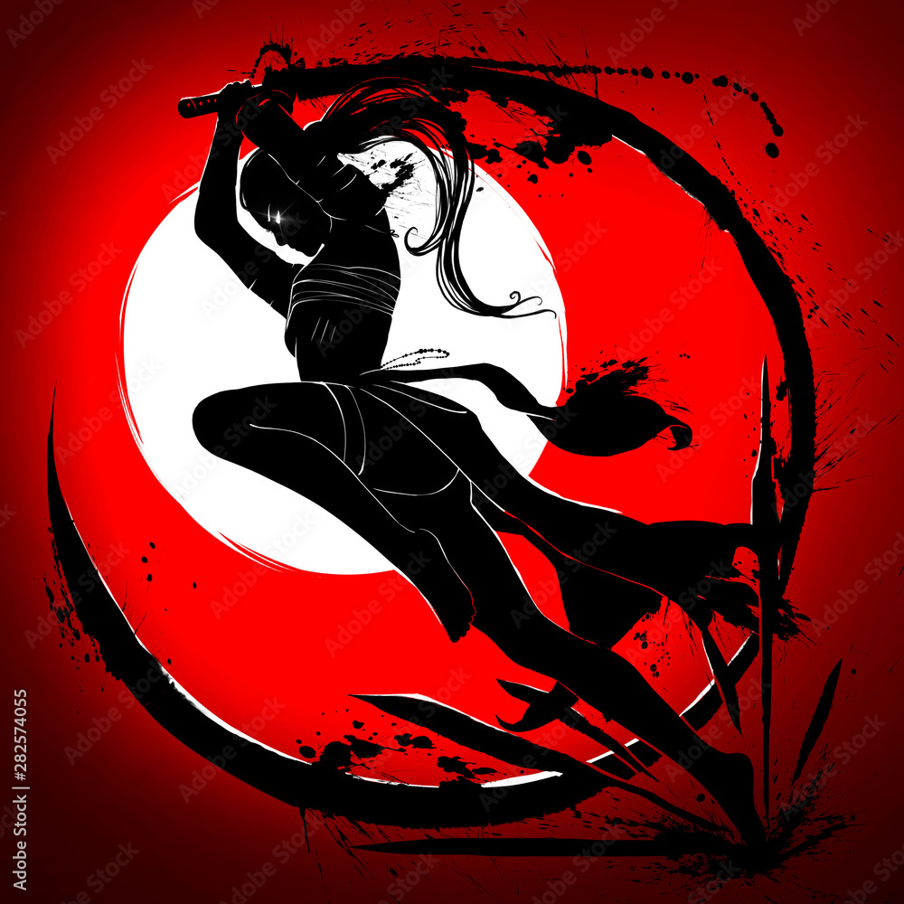 Silhouette of a samurai girl who attacks in a jump with a katana in her hands. 2D Illustration. - obrazy, fototapety, plakaty 