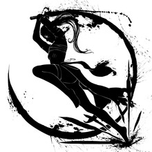 Silhouette Of A Samurai Girl Who Attacks In A Jump With A Katana In Her Hands. 2D Illustration.