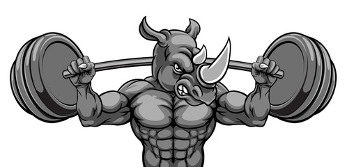 Wall Mural - A rhino animal body builder sports mascot weight lifting a barbell
