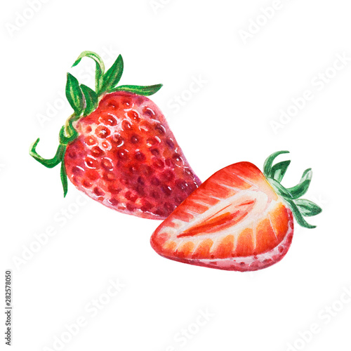 Watercolor red juicy strawberry with leaves. Food background, painted bright ...