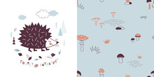 Forest Wildlife Childish Fashion Textile Graphics Set With T-shirt Print And Accompanied Tileable Background In Decorative Scandinavian Style. Cute Little Hedgehog Illustration With Lettering