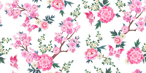 Spring seamless pattern with blooming sakura, pink peonies plum branches and flying butterflies in Chinese style