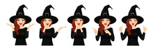 Surprised Halloween Woman In Witch Costume Vector Illustration