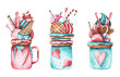Watercolor sweet delicious painting. Hand drawn Milkshake with ice cream, donuts, lollipops, macaroons and waffles.