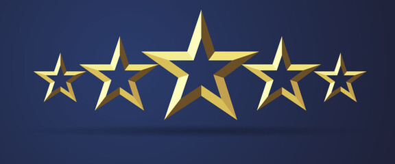 five stars rating realistic golden 3d icon. quality sign template, rank star facet symbol on dark ba