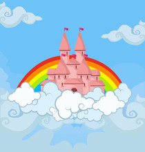 Fantasy Princess Castle In Cloudy Sky With Rainbow