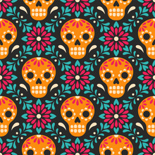 Dia De Los Muertos. Vector Seamless Pattern With Mexican Sugar Skulls And Flowers. Isolated On Black Backgroun