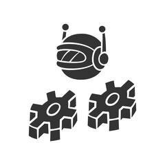 Poster - Work bot glyph icon. Software application. Optimizer robot with cogwheels. Artificial intelligence. Innovation machine learning, AI. Silhouette symbol. Negative space. Vector isolated illustration